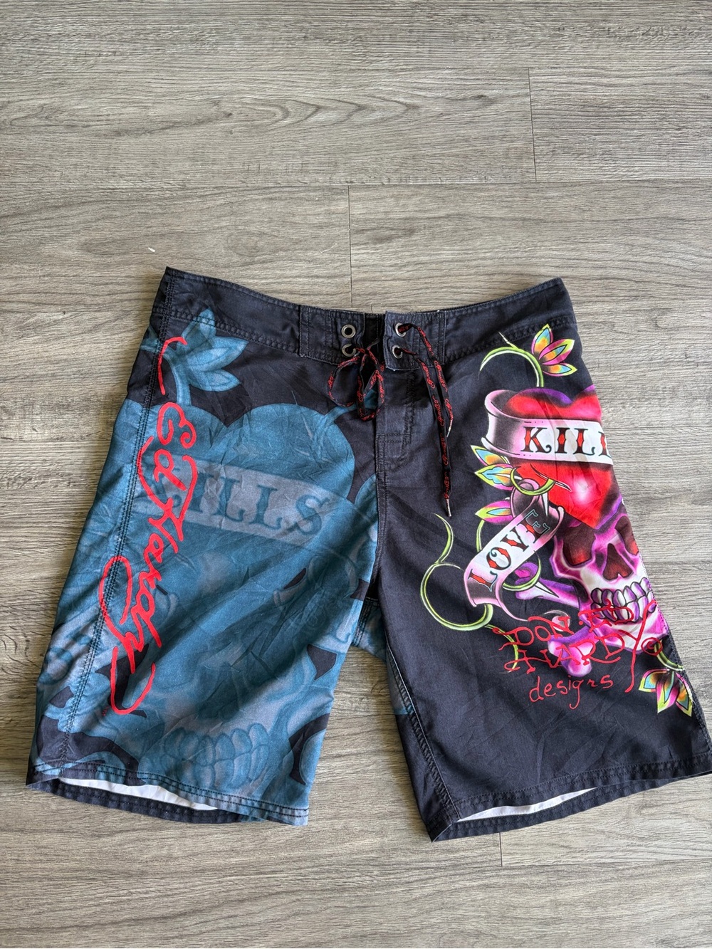 Ed Hardy Black, Teal & Pink Skull Tattoo Swim Shorts
